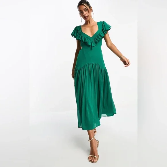 knee length dresses for ladies ASOS DESIGN Ruffle Off Shoulder Midi Dress – White Chocolate Couture main image 0